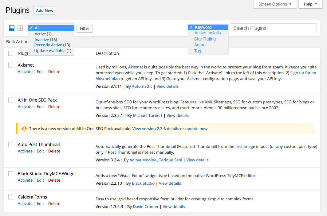 Installed Plugins screen. Includes filtering.
