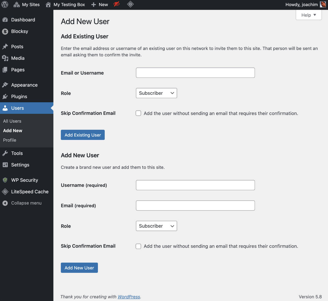 Sub site Multi Site Network Add New User WordPress