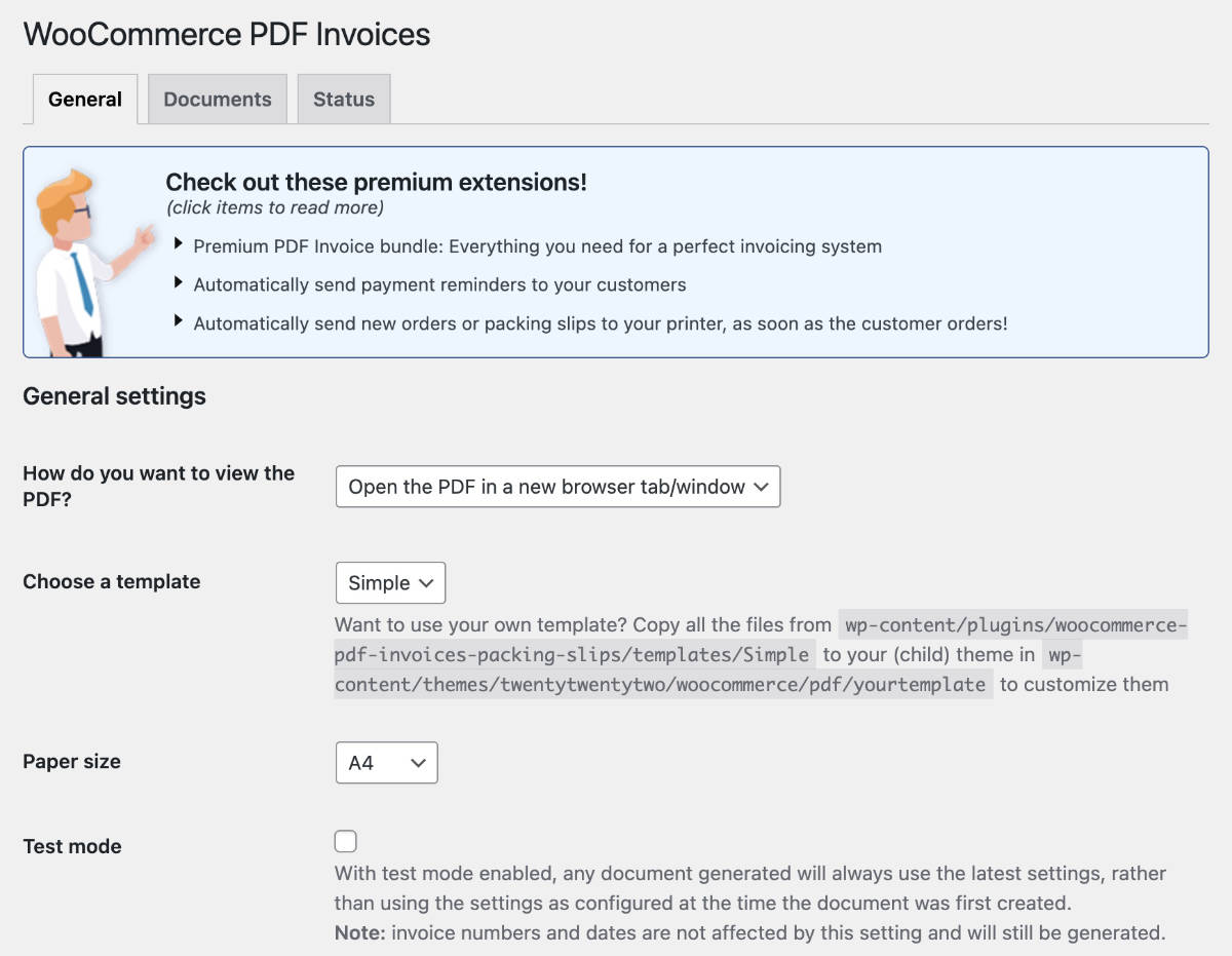 WooCommerce PDF Invoices plugin General Settings. 