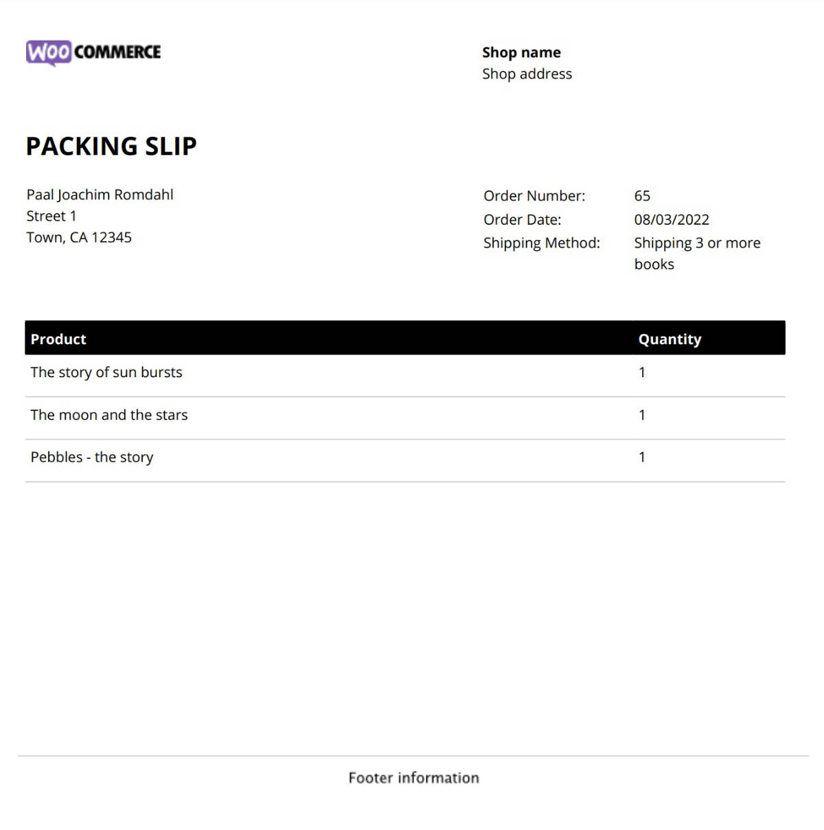 WooCommerce PDF Invoices plugin. Packing Slip document.