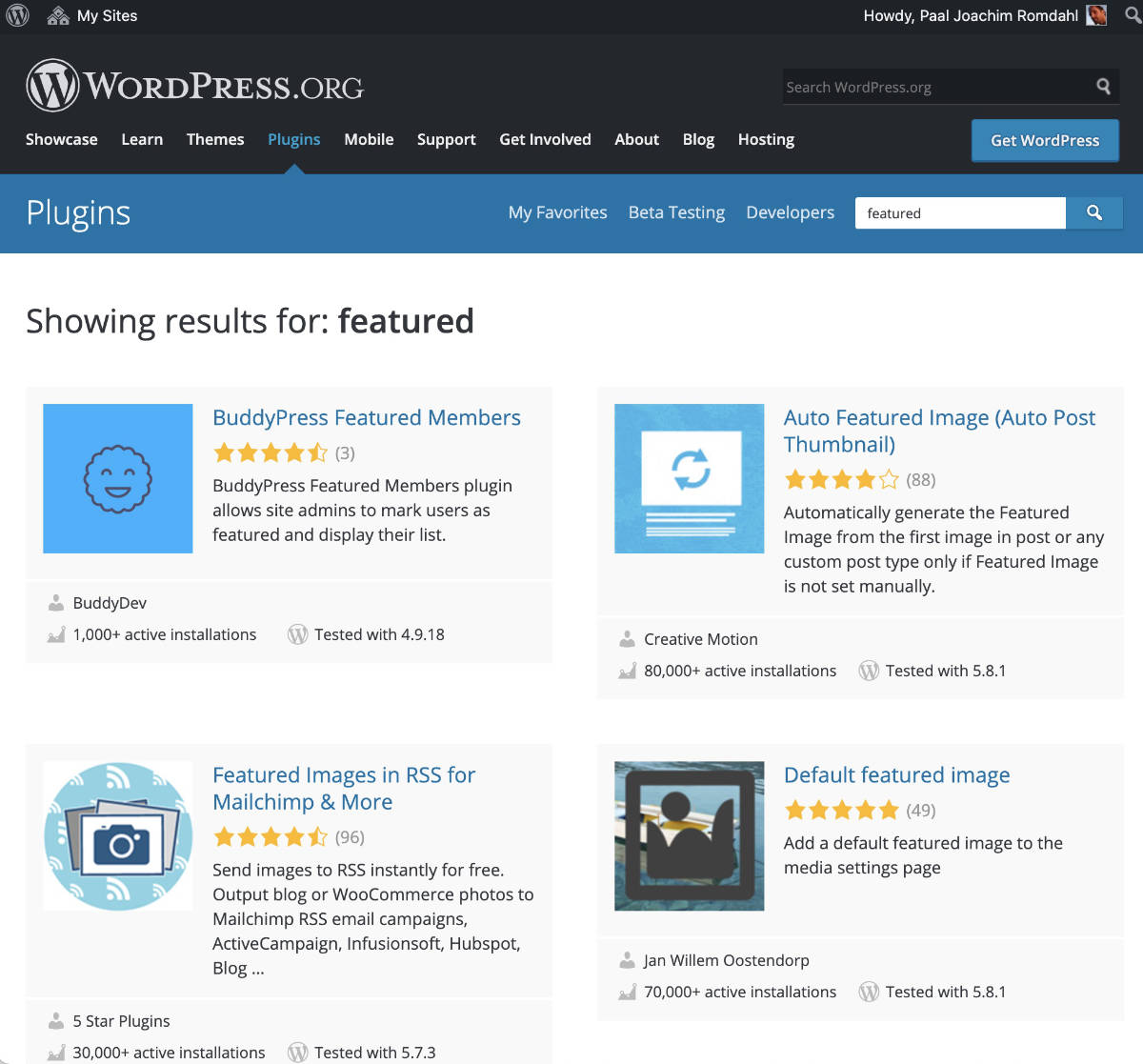 WordPress plugins Repository. Search showing featured.